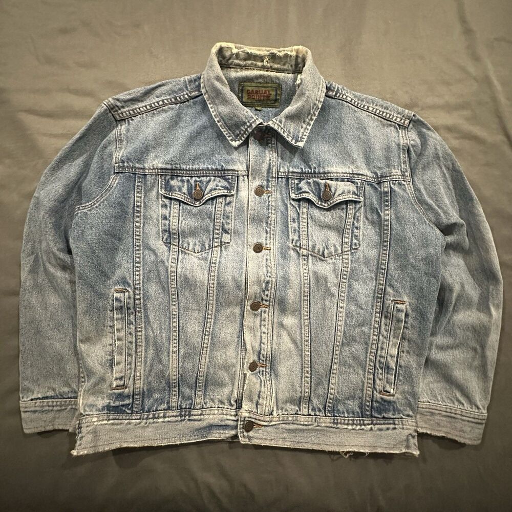 Vintage Denim Trucker Jacket Distressed Mens L Faded Blue Jean Bomber Biker 90s